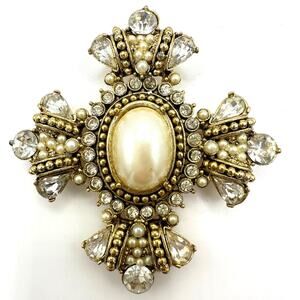 Vintage gold tone glass pearl cabochon clear rhinestones Maltese Cross brooch